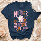Navy t-shirt with "Mother of the Bride to Die For" text and a ghost graphic.