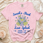 Pink t-shirt with "Sarah's Bach Last Splash Malibu, CA Summer 2026" and mermaid cocktail graphic.