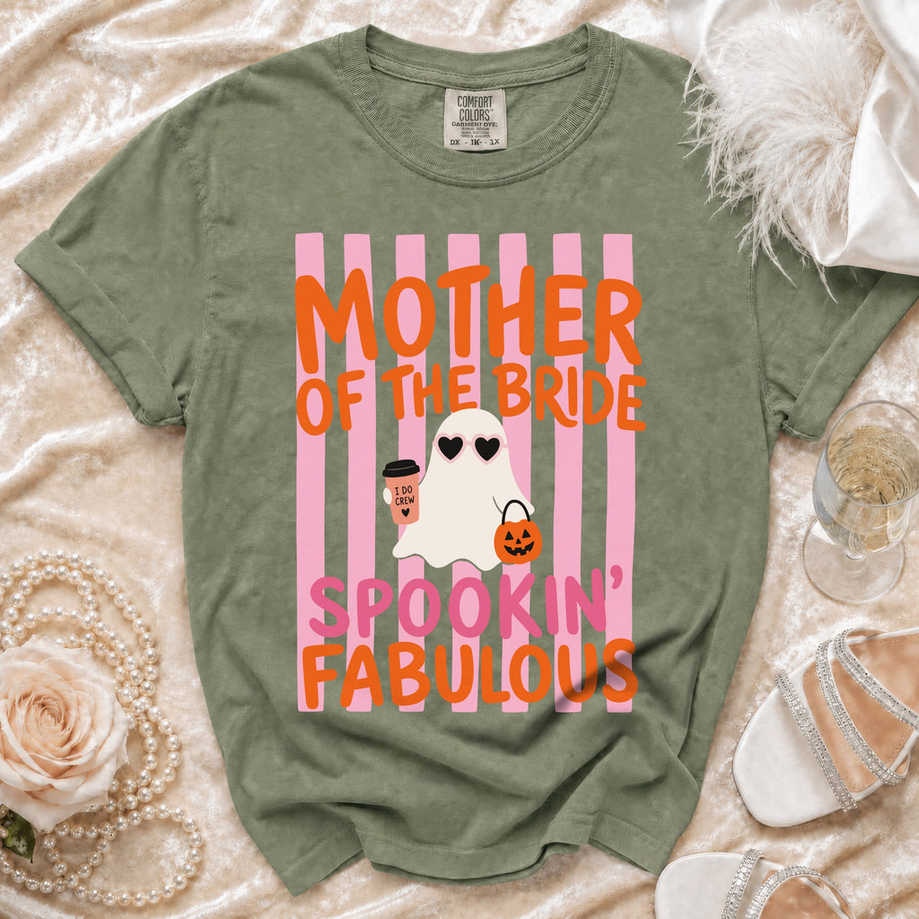 Green t-shirt with "Mother of the Bride Spookin' Fabulous" text and a ghost graphic.