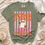 Green t-shirt with "Mother of the Bride Spookin' Fabulous" text and a ghost graphic.