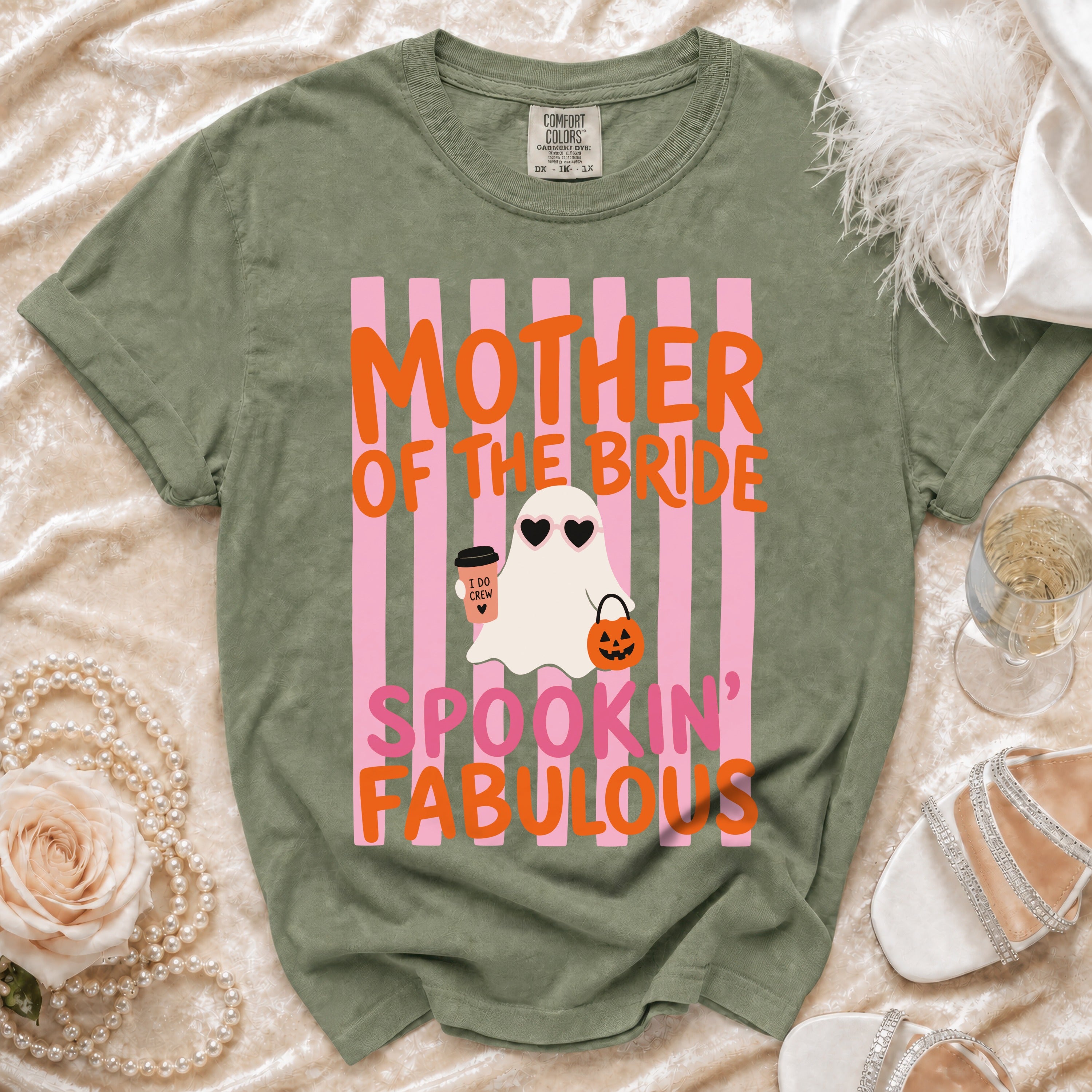 Green t-shirt with "Mother of the Bride Spookin' Fabulous" text and a ghost graphic.