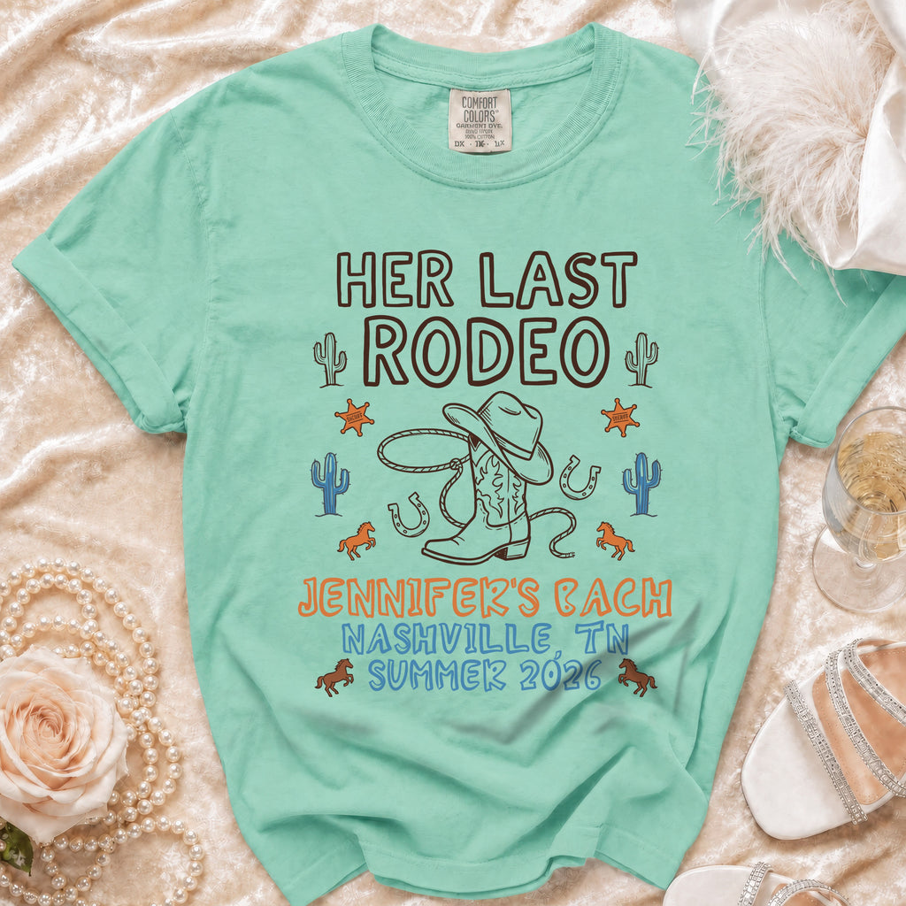 "Her Last Rodeo" t-shirt with cowboy boot and cactus graphic, Nashville TN Summer 2026.