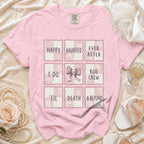 Pink t-shirt with "Happy Haunted Ever After I Do, Boo Crew 'Til Death & Beyond" text.