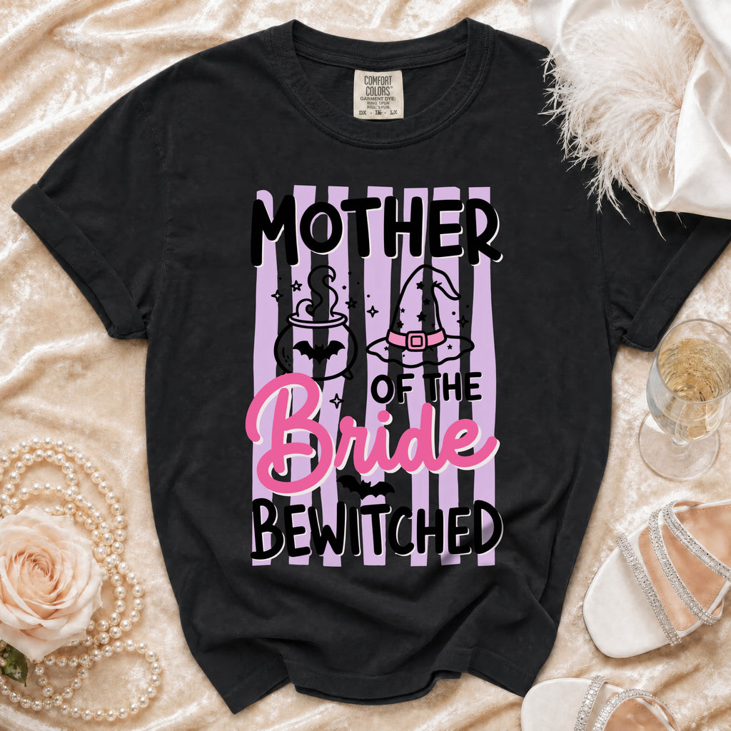 Black t-shirt with "Mother of the Bride Bewitched" Halloween-themed graphic.