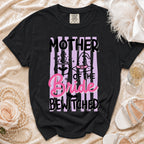 Black t-shirt with "Mother of the Bride Bewitched" Halloween-themed graphic.