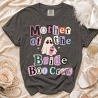 Dark grey t-shirt with "Mother of the Bride Boo Crew" text and a ghost graphic.
