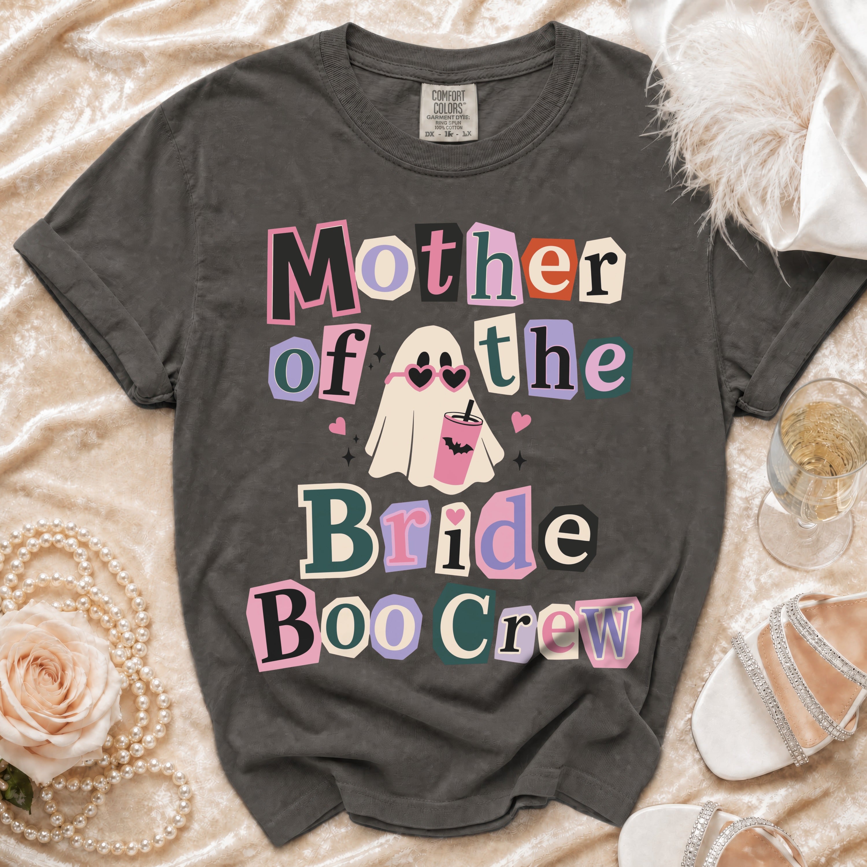 Dark grey t-shirt with "Mother of the Bride Boo Crew" text and a ghost graphic.