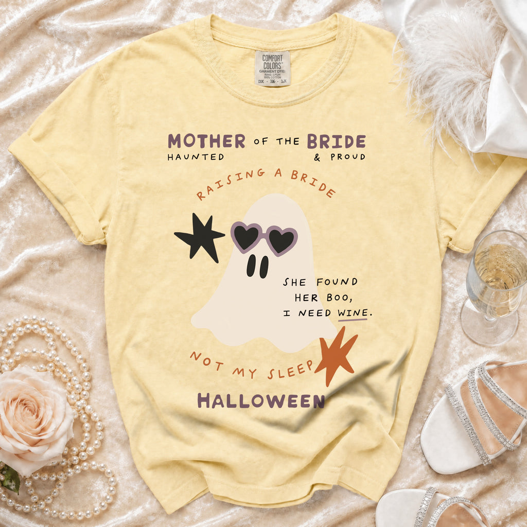 Yellow t-shirt with "Mother of the Bride" and ghost graphic.