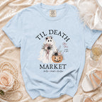 Light blue t-shirt with ghost, pumpkin, and text "Til Death Market".