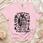 Pink t-shirt with black Halloween gothic wedding couple skeleton graphic and text.