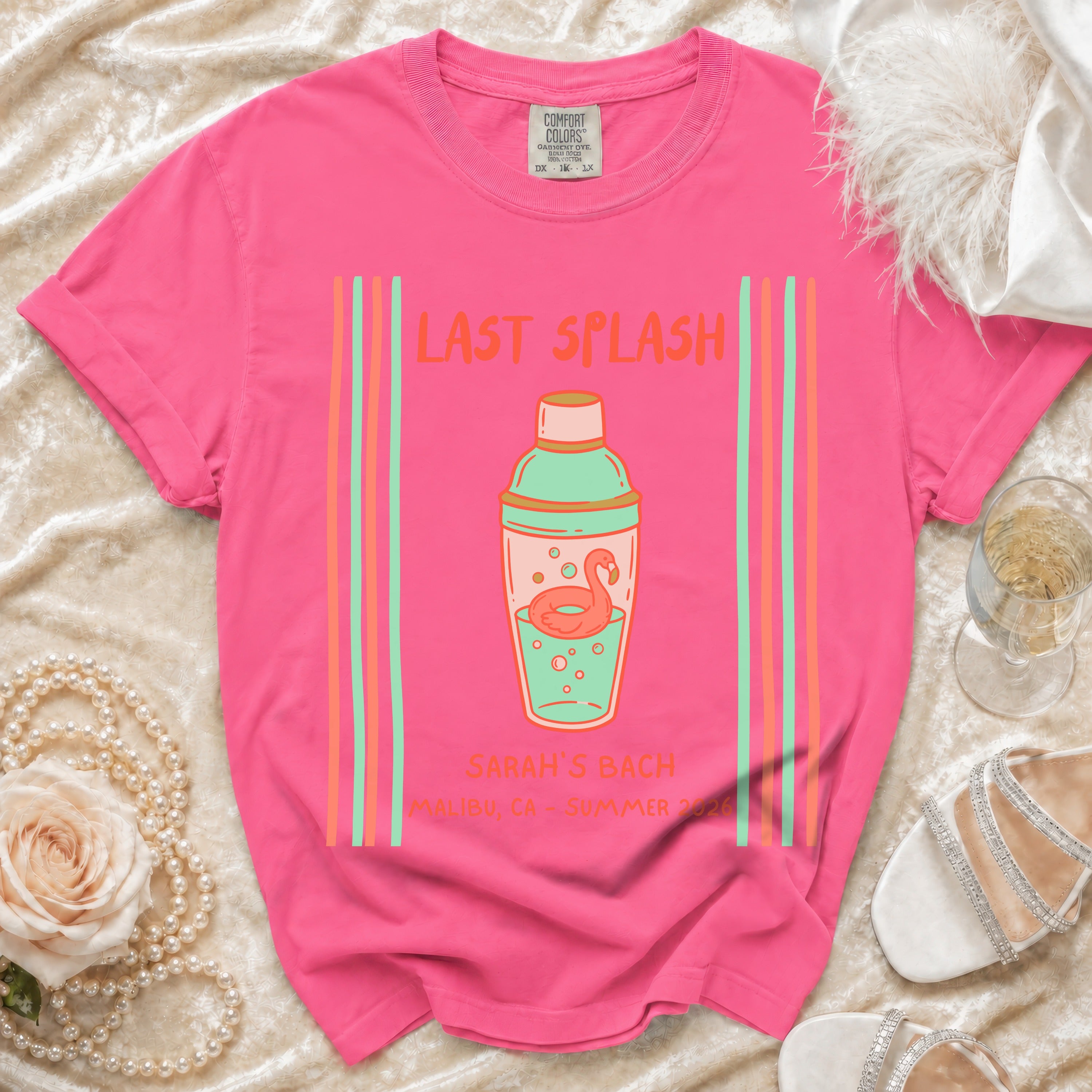 Pink t-shirt with "Last Splash" and cocktail shaker graphic.