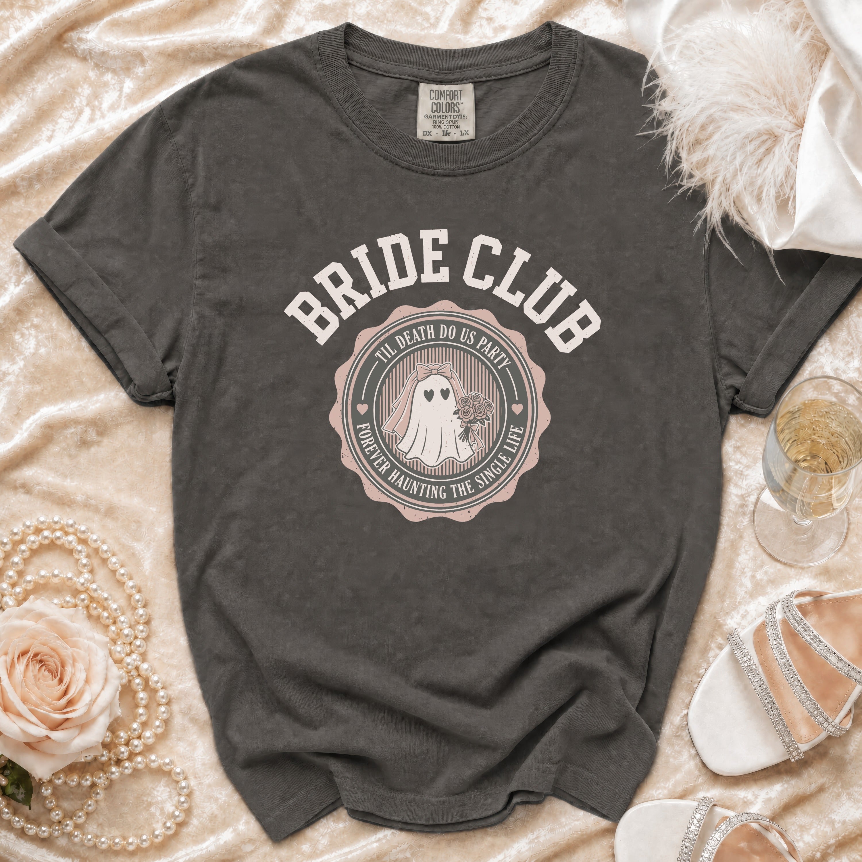 Charcoal t-shirt with "Bride Club" and ghost graphic, "Til Death Do Us Party".