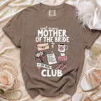 Brown t-shirt with "Cool Moms Mother of the Bride VIP Mom Club" text and wedding icons.