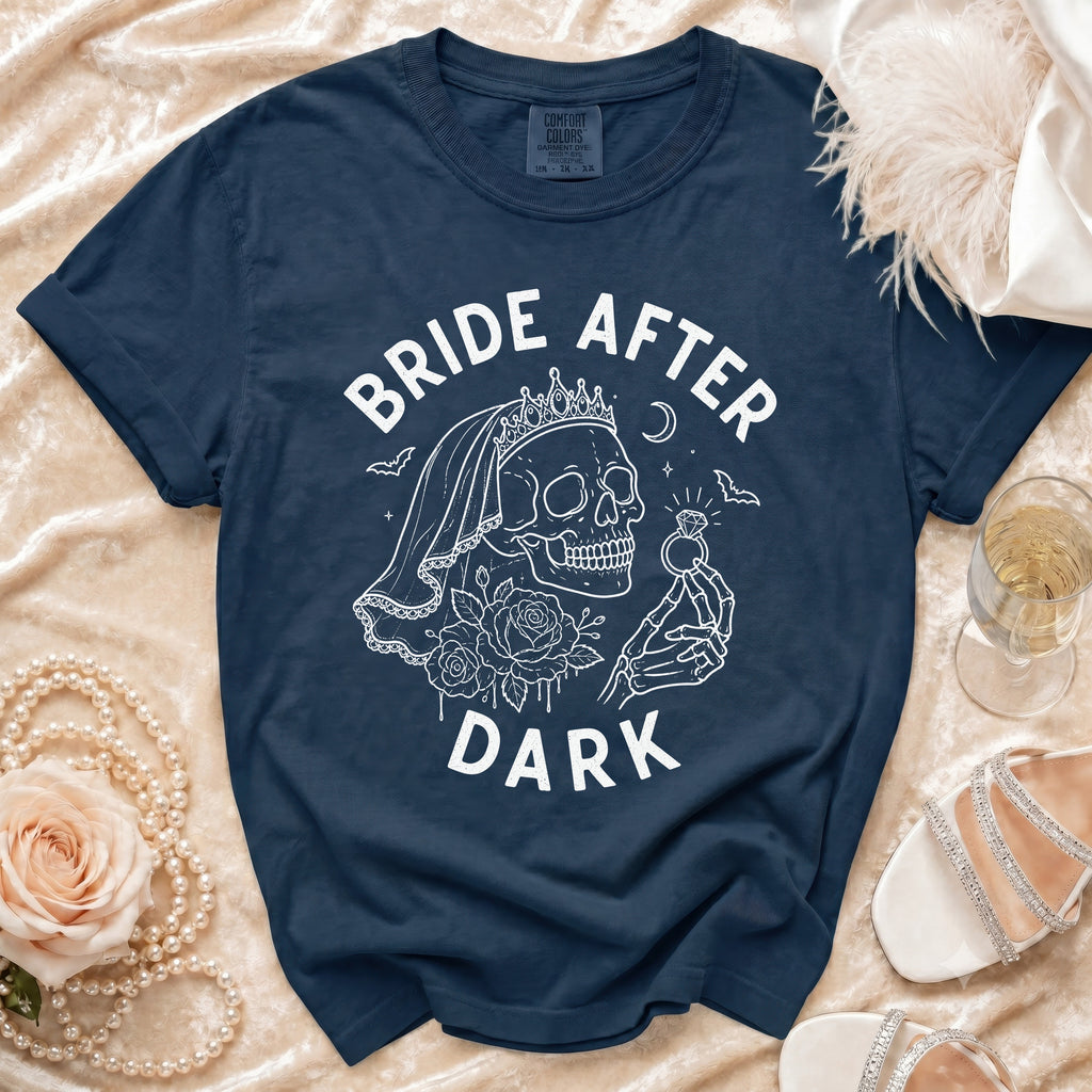 Navy t-shirt with "Bride After Dark" text and skeleton graphic.