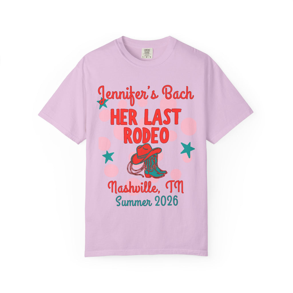 Pink t-shirt with "Jennifer's Bach HER LAST RODEO Nashville, TN Summer 2026" text, cowboy hat, and boots.