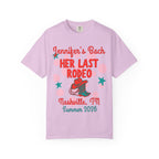 Pink t-shirt with "Jennifer's Bach HER LAST RODEO Nashville, TN Summer 2026" text, cowboy hat, and boots.