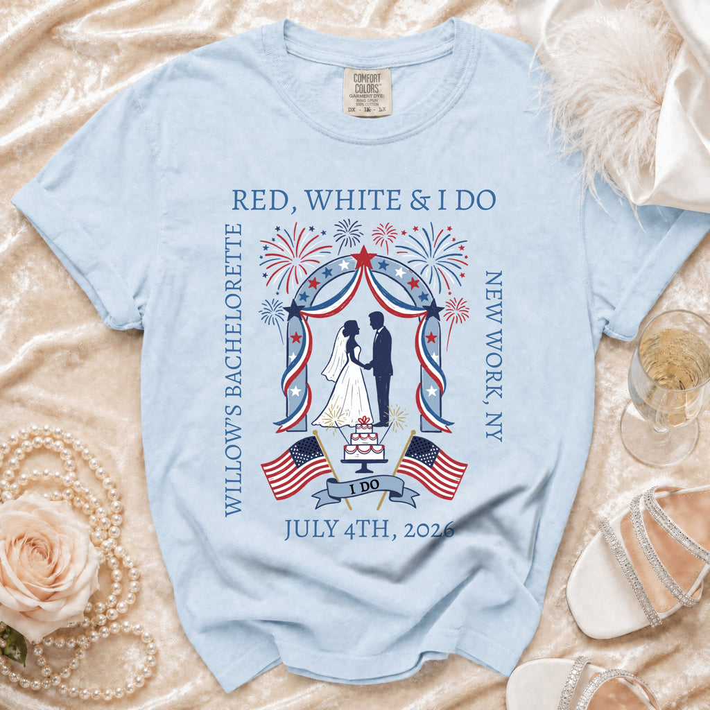 T-shirt design with patriotic arch, couple, and text "Willow's Bachelorette" and "July 4th, 2026".
