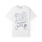 White t-shirt with "Last Splash Sarah's Bach Malibu, CA Summer 2026" and cartoon ducks.