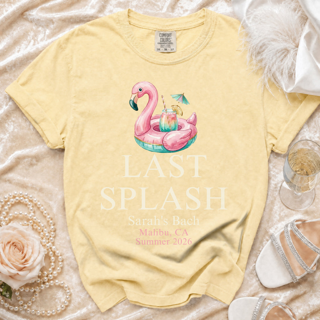 Yellow t-shirt with "Last Splash" and beach-themed graphics.