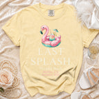 Yellow t-shirt with "Last Splash" and beach-themed graphics.