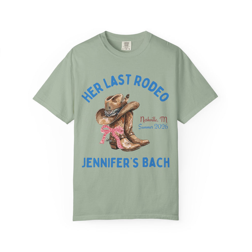 "Her Last Rodeo" t-shirt with cowboy boots and Nashville bachelorette text.