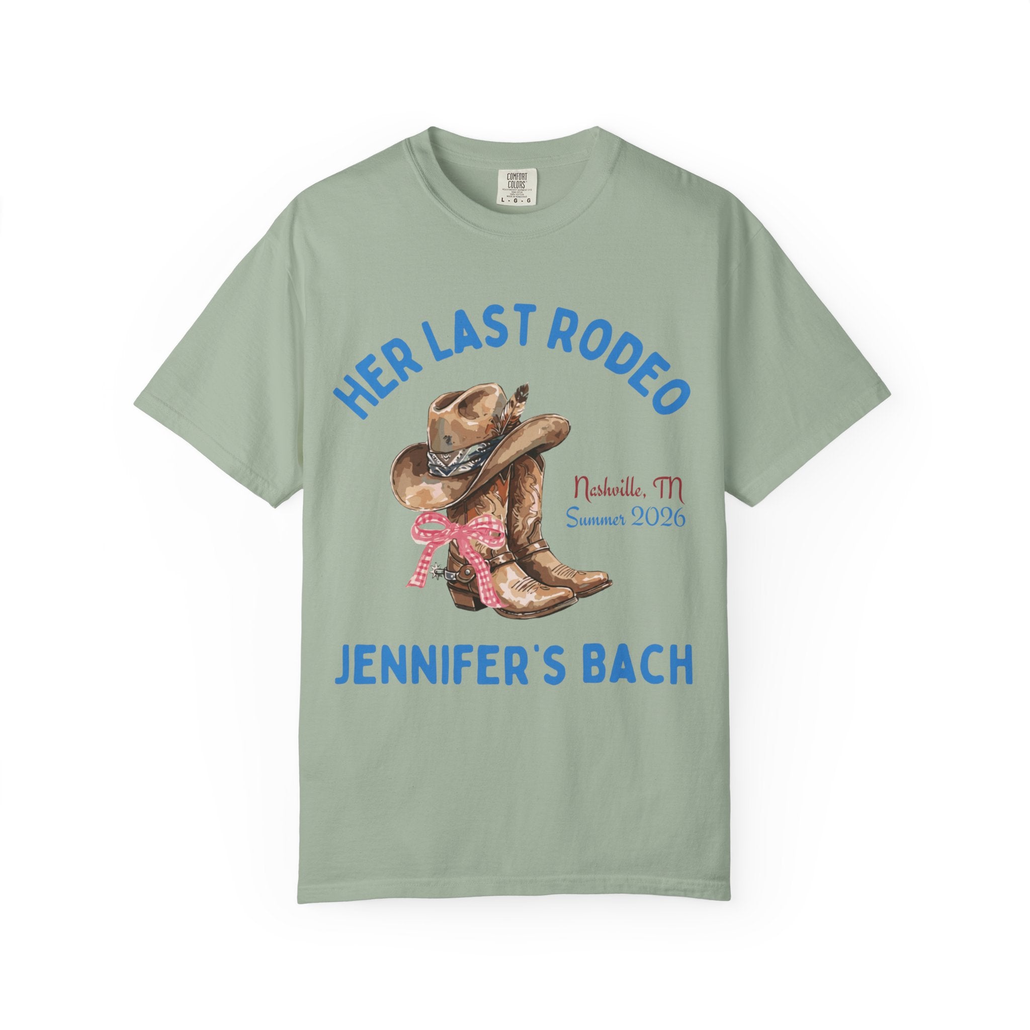 "Her Last Rodeo" t-shirt with cowboy boots and Nashville bachelorette text.