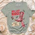 "Her Last Rodeo" t-shirt with cowboy boot graphic and bachelorette details.