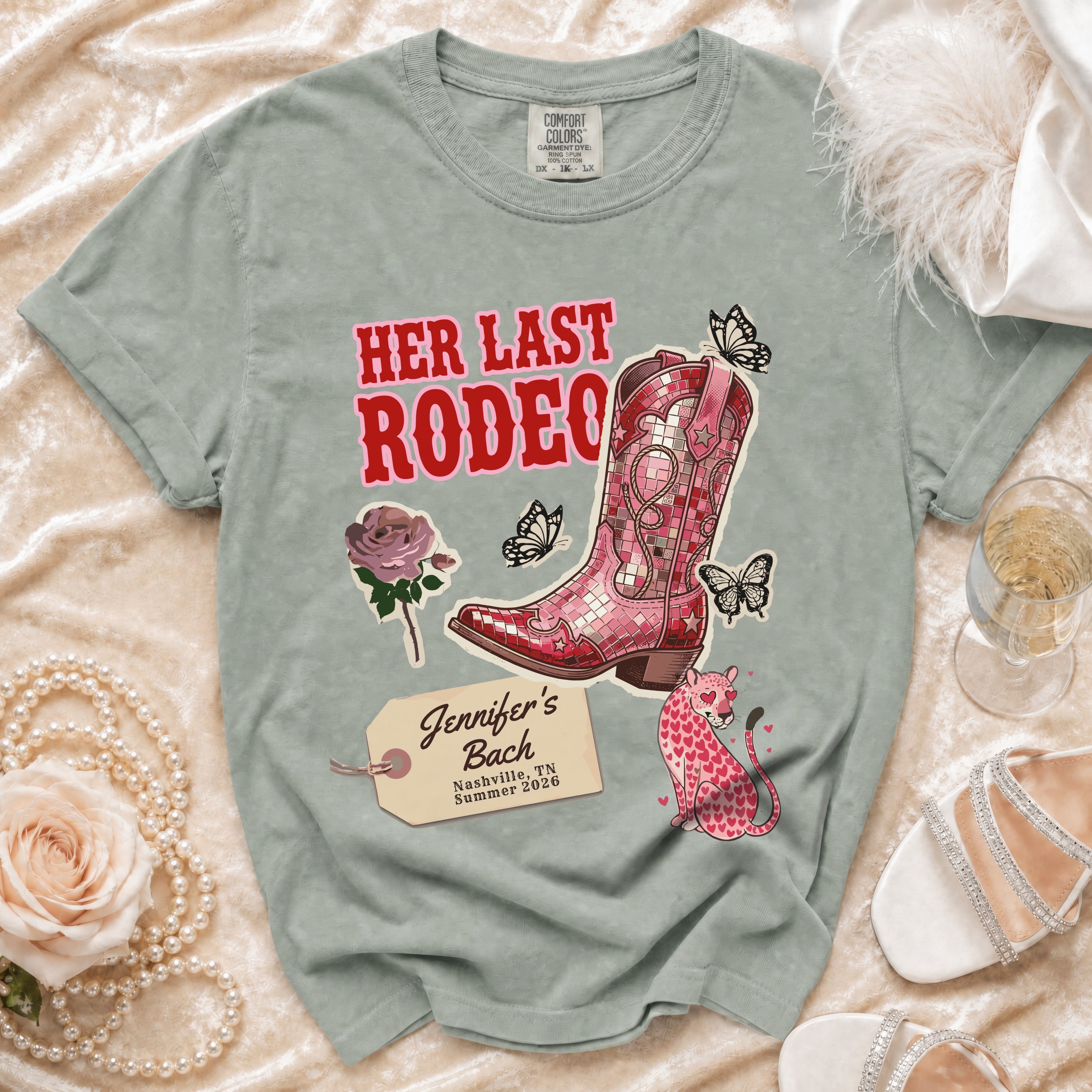 "Her Last Rodeo" t-shirt with cowboy boot graphic and bachelorette details.