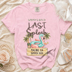 Pink t-shirt for Sarah's Bach Last Splash in Malibu, CA Summer 2026.
