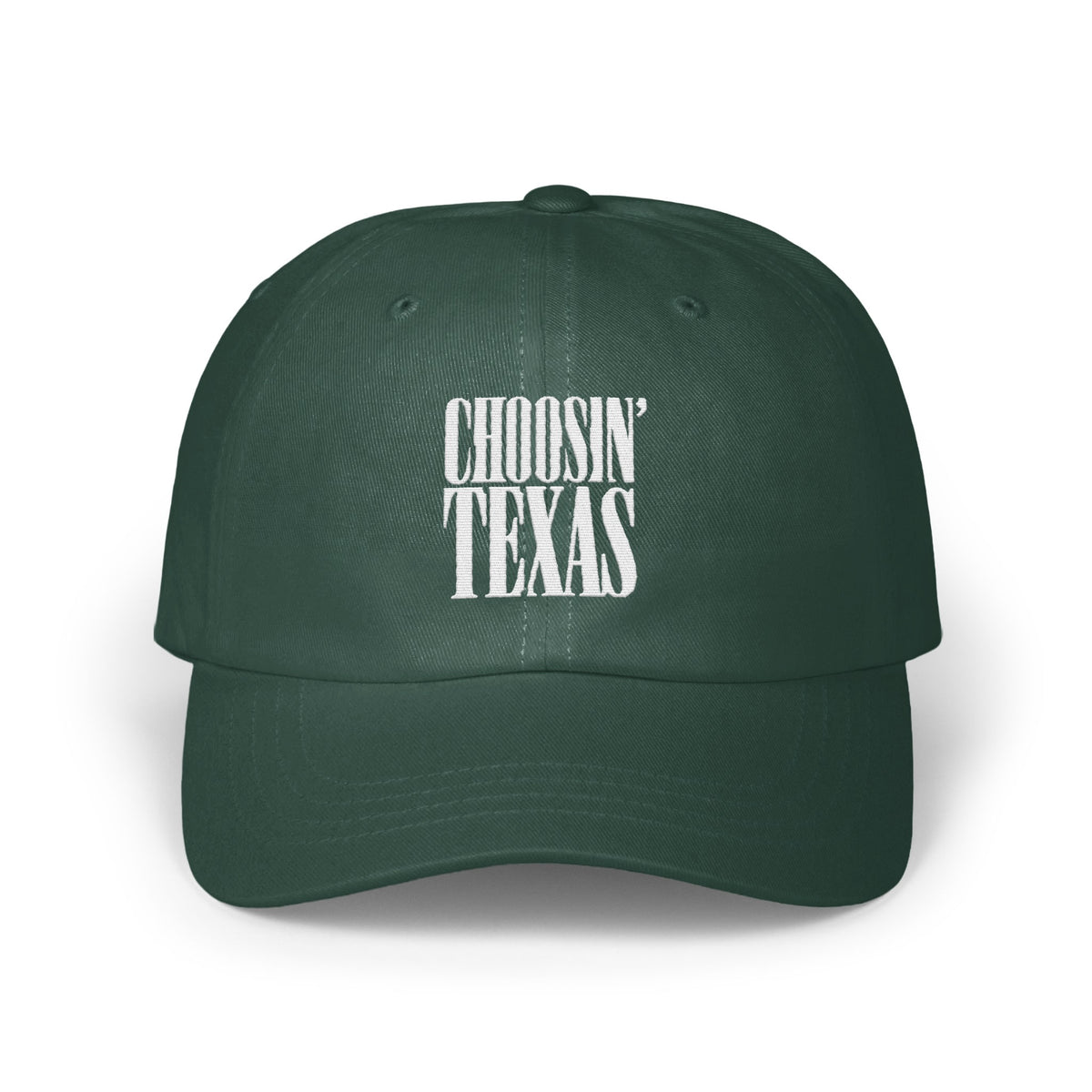 A dark green baseball cap featuring white embroidered text that reads CHOOSIN TEXAS on the front panel.