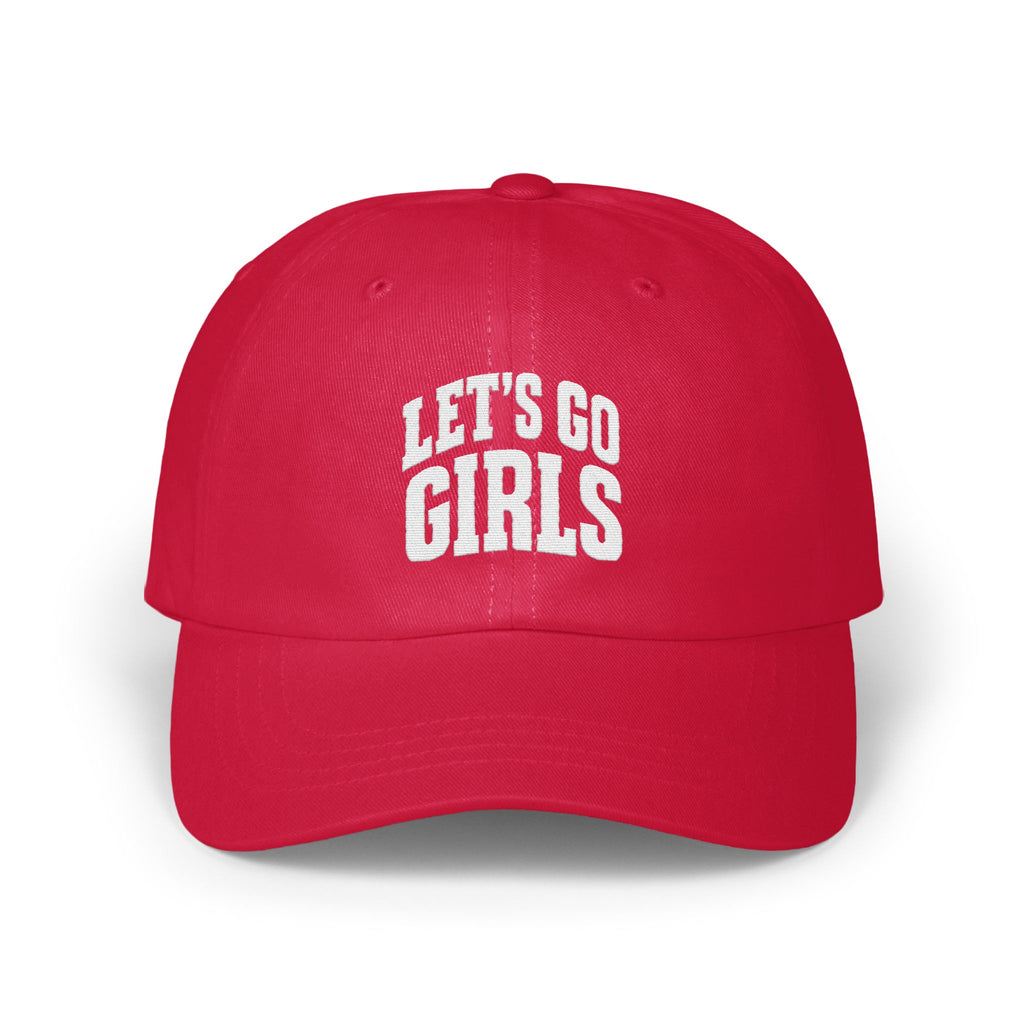 A red baseball cap with white embroidered text reading LET'S GO GIRLS on the front.