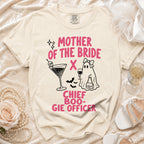 Cream t-shirt with "Mother of the Bride" and "Chief Boo-gie Officer" text, and ghost graphic.