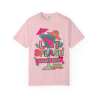 Pink t-shirt with "LAST SPLASH SARAH'S BACH MALIBU SUMMER 2025" in colorful graphic.