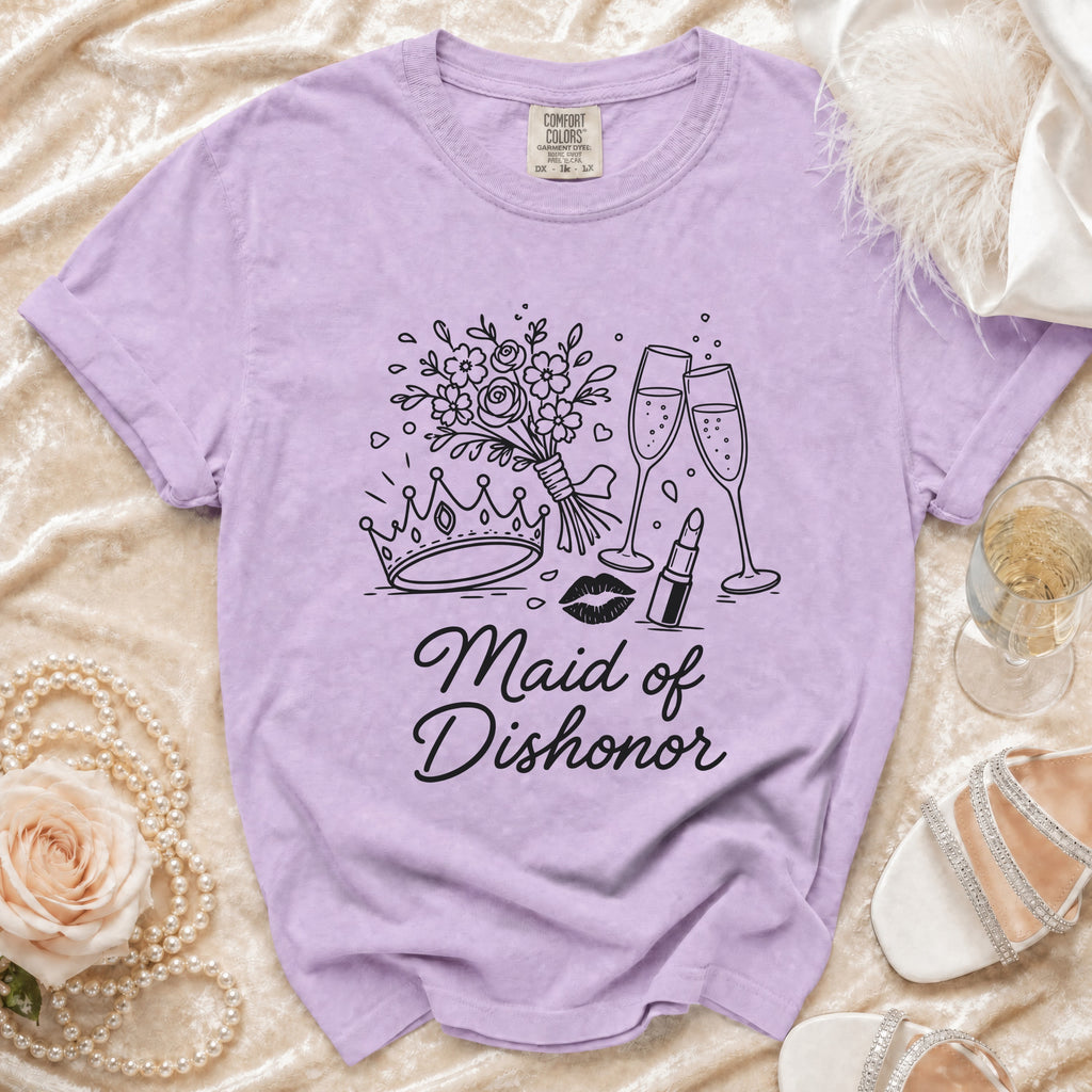 Lavender t-shirt with "Maid of Dishonor" text and outline graphics.