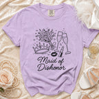 Lavender t-shirt with "Maid of Dishonor" text and outline graphics.