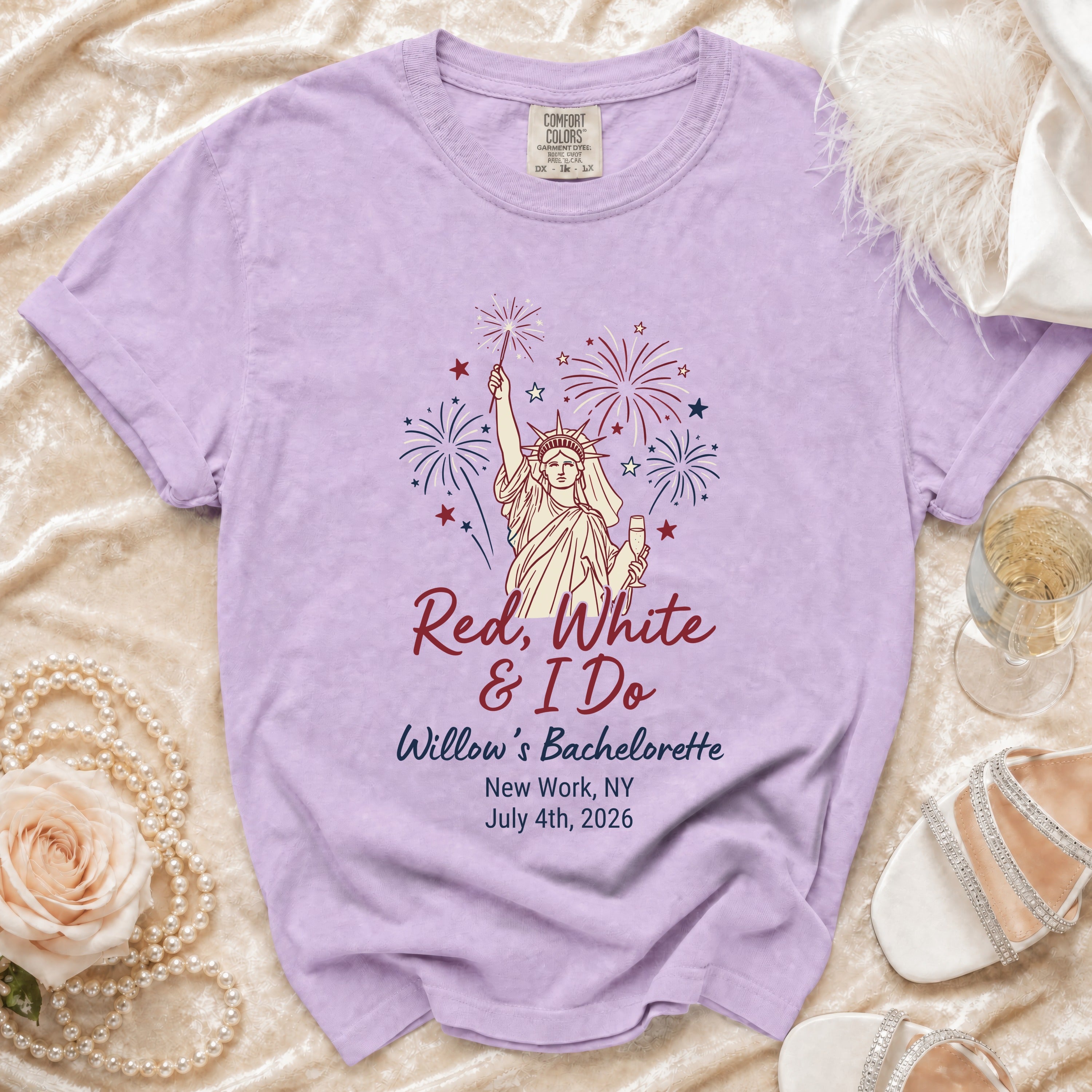 Red, White & I Do Willow's Bachelorette shirt with fireworks and Statue of Liberty.