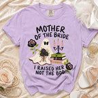 Purple t-shirt with "Mother of the Bride I Raised Her Not the Boo" graphic.