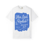 White t-shirt with blue "Her Last Rodeo Jennifer's Bach" text and graphics.