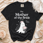Black t-shirt with "The Mother of the Bride" text and ghost bride graphic.