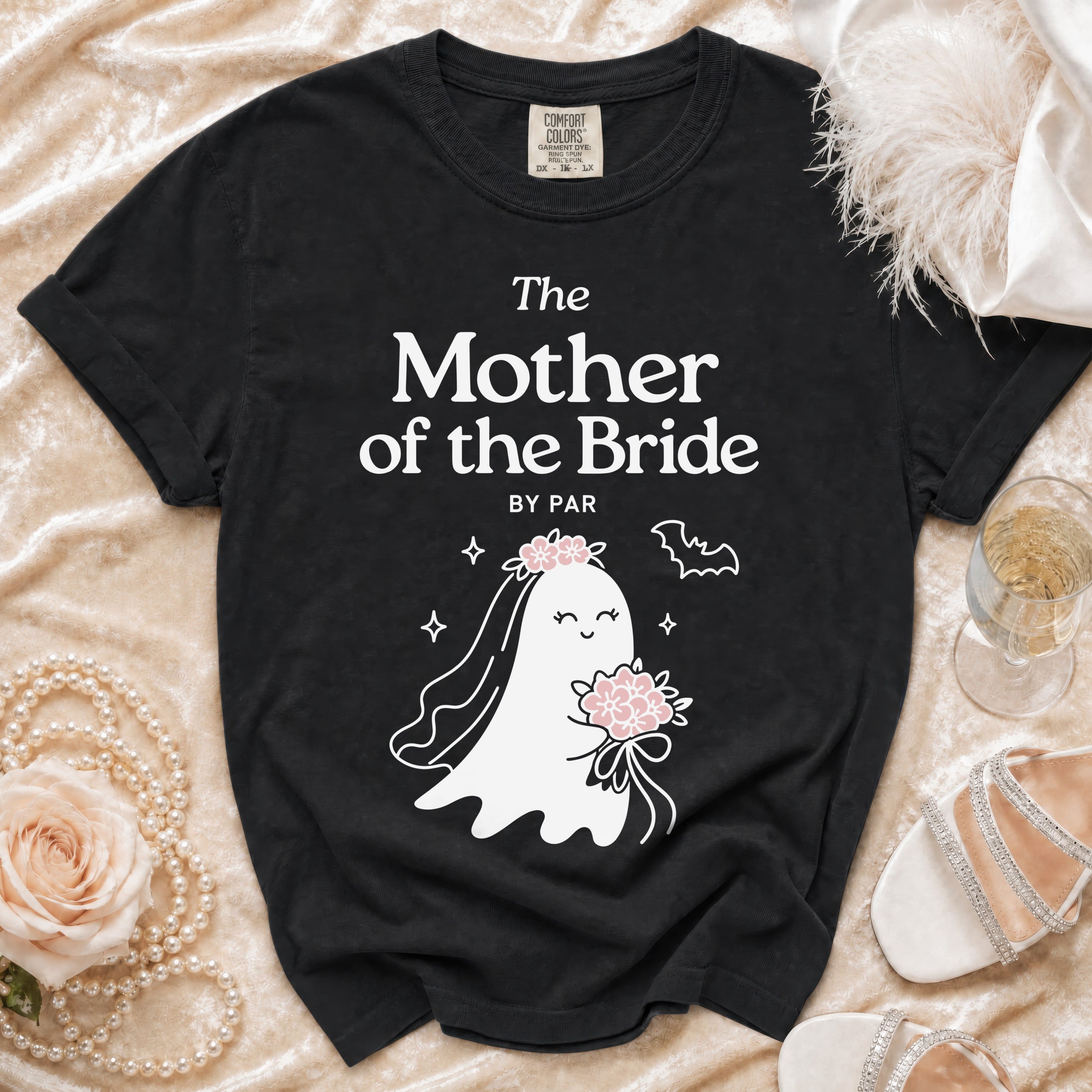 Black t-shirt with "The Mother of the Bride" text and ghost bride graphic.
