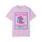 Pink t-shirt with "Her Last Rodeo" text, cowboy boots, and horseshoe graphic.