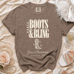 Brown t-shirt featuring the text "Babes Boots & Bling Grace's Bachelorette Austin, TX" and a cowboy boot graphic.