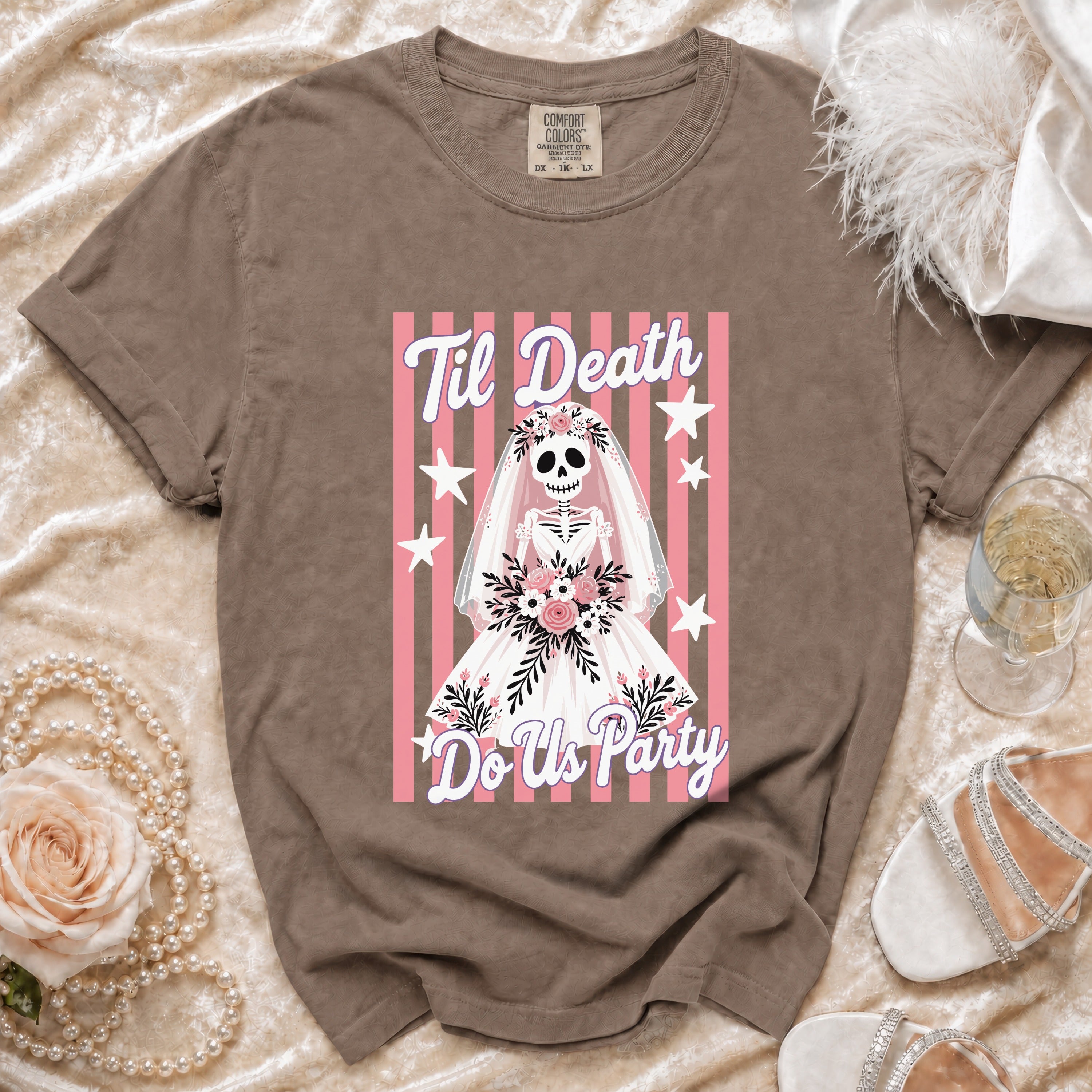 T-shirt with skeleton bride graphic, "Til Death Do Us Party" text, and pink stripes.