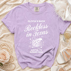 Purple t-shirt for Olivia's Bach party with disco ball and cowboy hat graphic.