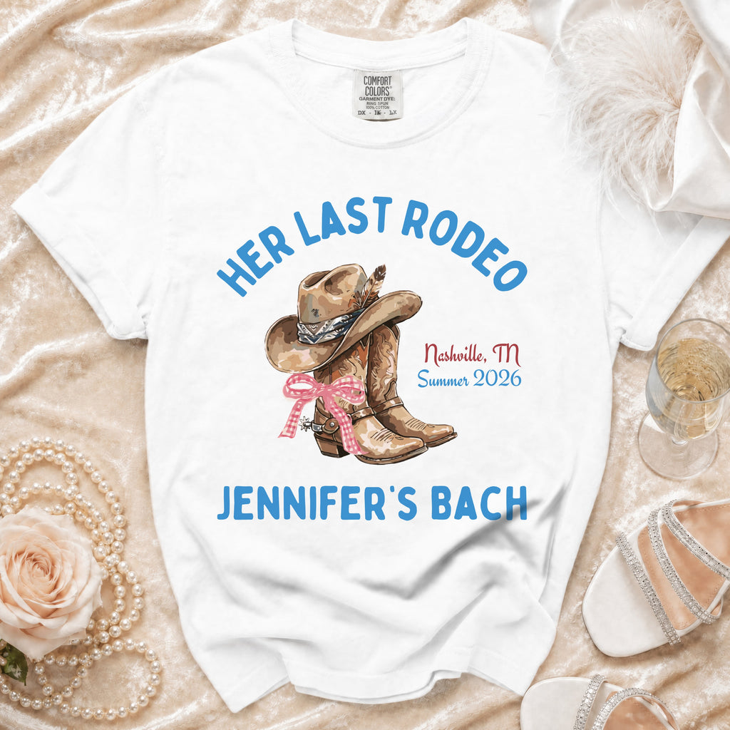 White t-shirt with "Her Last Rodeo" in cowboy theme, Nashville, TN, Summer 2026, Jennifer's Bach.