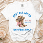 White t-shirt with "Her Last Rodeo" in cowboy theme, Nashville, TN, Summer 2026, Jennifer's Bach.