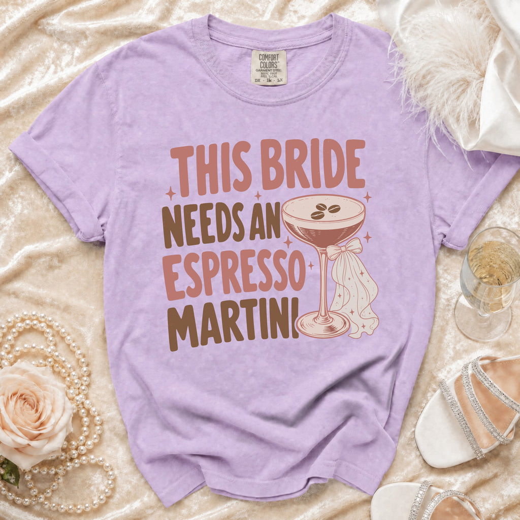 Lavender t-shirt with "This Bride Needs An Espresso Martini" text and martini glass graphic.