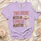 Lavender t-shirt with "This Bride Needs An Espresso Martini" text and martini glass graphic.