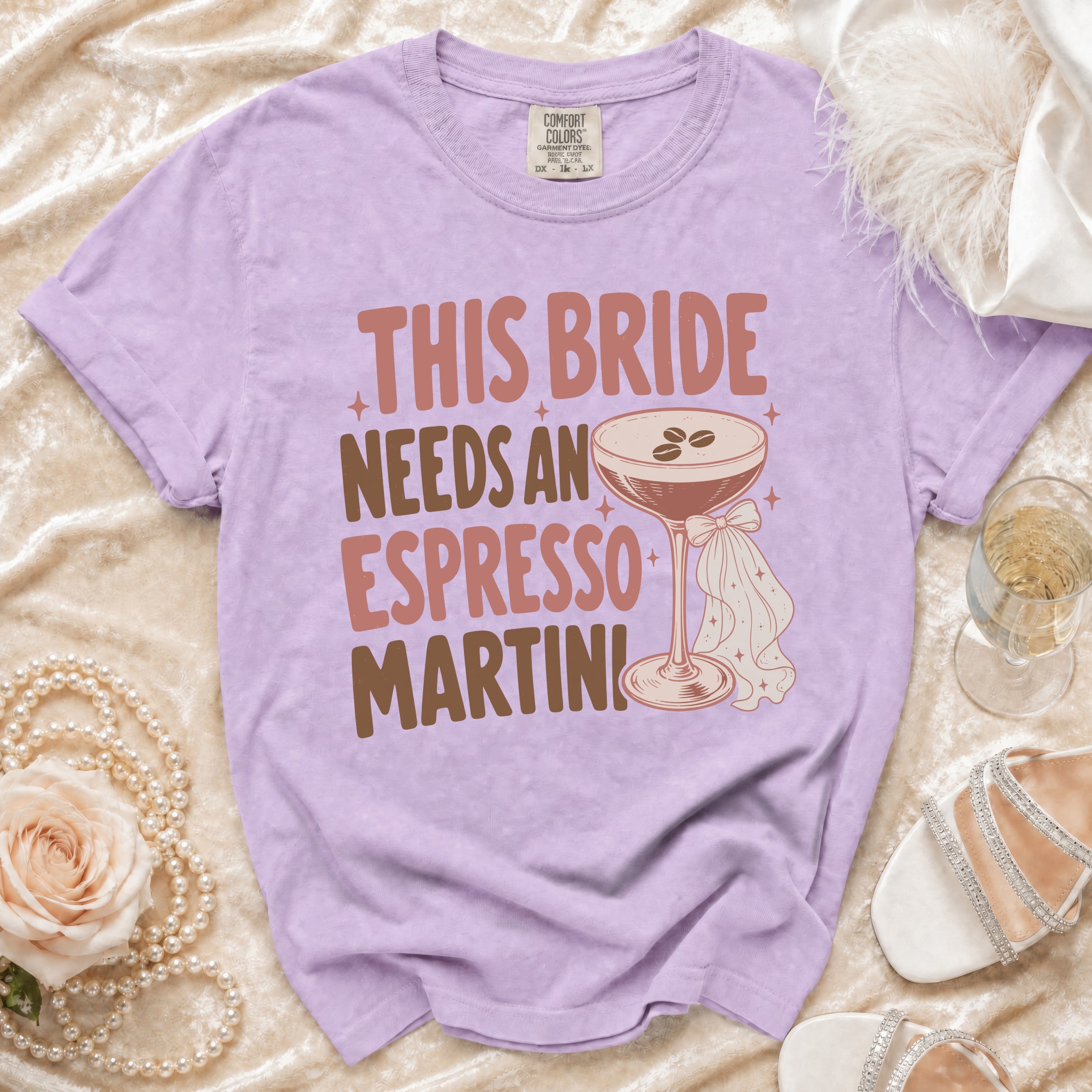 Lavender t-shirt with "This Bride Needs An Espresso Martini" text and martini glass graphic.