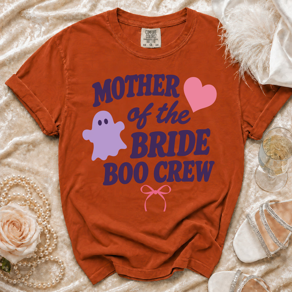 Orange t-shirt with "Mother of the Bride Boo Crew" text and ghost graphic.